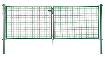 Wellengittertor - Set doppelflügelig in grün, mit Beschlägen und Schließset zum einbetonieren. Geeignet für Maschendrahtzaun und Fix-Clip Pro
