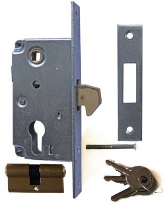 Hakenschloss mit 5,6cm Einbautiefe, für Geländerschiebetore, Hakenschloss, Schließblech, Profilzylinder mit 3 Schlüsseln