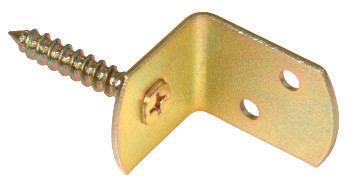 L-Winkel Flechtzaunhalter gelb verzinkt mit angeschweißter Kreuzschlitzholzschraube und 2 versetzten Schraubenlöchern